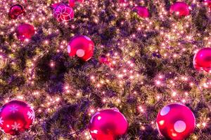A field of red and pink christmas balls photo