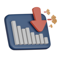 3D Investment icon concept. Bar chart with downward arrow minus dollar png
