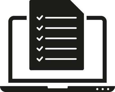Online Test Silhouette Icon. Questionnaire On Laptop Glyph Pictogram. black design, Computer With Checklist Solid Sign. Survey Check List Symbol. Silhouette design in trendy style vector