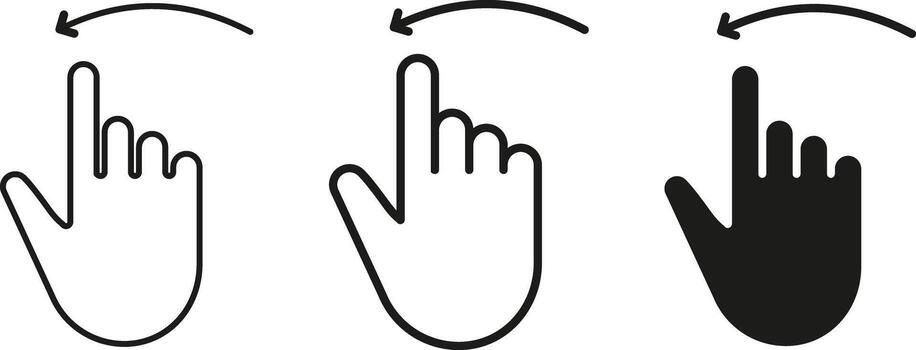 Swipe Left Symbol set isolated on White Background. Hand Finger Drag Left Line and Silhouette Black Icon Set. Pinch Screen, Rotate Touch Screen Pictogram. Gesture Slide vector