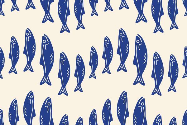 La dolce vita seamless pattern. Retro background. Mediterranean fishes. Blue Sardines silhouette. Doodle Hand drawn Seafood elements for print, wall art, interior decor, menus, restourant.
