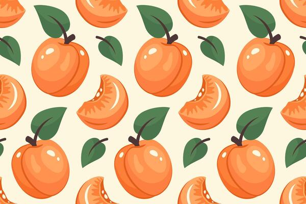 Apricot Seamless pattern. Ripe nutrition and sweet fruit background. Colour Fruit pattern. Whole Apricot and slice with green leaf. Fresh juicy vitamin. illustration