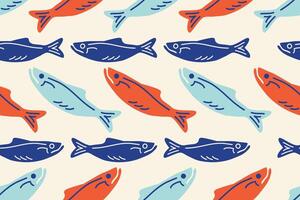La dolce vita seamless pattern. Mediterranean Retro design. Color Silhouette of mackerels, sardines, salmons. Doodle Hand drawn Seafood background for print, wall art, cafe, menu, restourant. vector