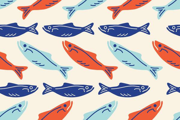 La dolce vita seamless pattern. Mediterranean Retro design. Color Silhouette of mackerels, sardines, salmons. Doodle Hand drawn Seafood background for print, wall art, cafe, menu, restourant.