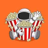 Astronaut Surrounded by Popcorn Buckets Enjoying a Movie Vectors Illustration Cartoon Design