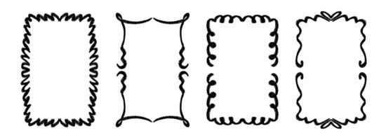 Black hand drawn wavy frame collection. Curly ribbon border set. Curved squiggly rectangle border pack for invitation, wedding party, birthday, greeting card design. Doodled cadre frames vector