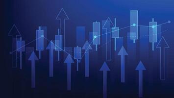 finance and business investment. stock market candlesticks chart and bar graph with uptrend arrow on blue background. economy growth and earning increase vector