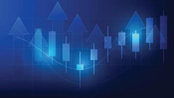 finance and business investment. candlesticks chart and bar graph with uptrend arrow on blue background. economy growth and earnings increase vector