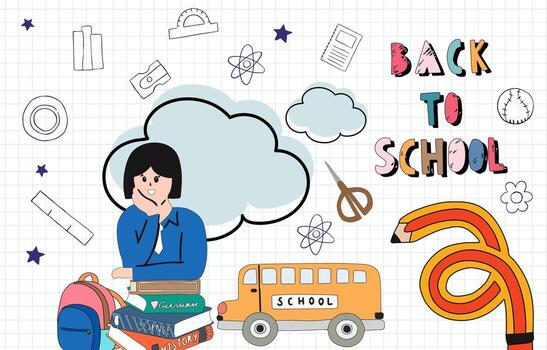 Back to school on grid background with girl,cloud,bus for horizontal design vector