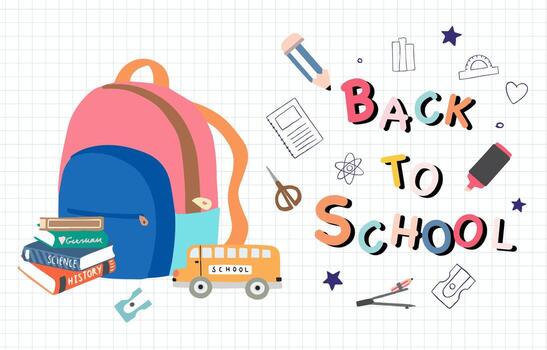 Back to school on grid background with book,bag,bus for horizontal design vector