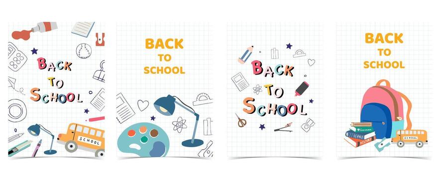 Back to school on grid paper background with bus,bag,pencil for A4 vertical design vector