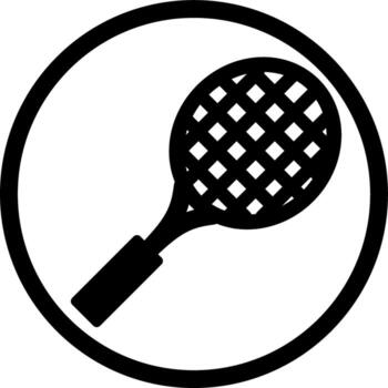 Line art illustration of a tennis badminton or padel racket with tight, crisscrossed strings and a comfortable grip handle. Outline circle icon vector