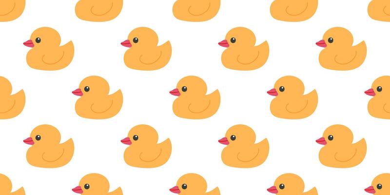 Seamless pattern with cute yellow rubber ducks on white background. Flat ornament for print, banner, card, fabric, cover, wrapping paper, wallpaper