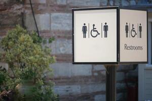 Restroom signage in a public area during the day photo