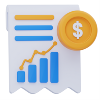 3D illustration of a financial report or receipt featuring bar and line graphs with a dollar coin, symbolizing payment analysis, transaction summary, and financial growth tracking. png