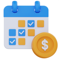 3D illustration of a calendar with checkmarks and a dollar coin, symbolizing scheduled payments, recurring billing, or planned financial transactions within a set timeframe. png
