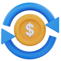 3D illustration of a yellow dollar coin surrounded by a circular blue arrow, symbolizing recurring payments, automatic billing cycles, or subscription-based financial transactions. png