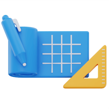 3D illustration of a rolled-out blueprint with a pen and a triangular ruler, symbolizing design, planning, or architectural drafting in a modern, minimal style. png