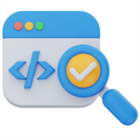 3d ilustração do uma navegador janela com html código colchetes e uma ampliação vidro mostrando uma marca de seleção, simbolizando Programas testando, código validação, ou qualidade garantia. png