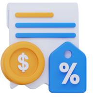 3D illustration of a receipt with a dollar coin and blue discount tag showing a percentage symbol, representing payment with promotional offers, deals, or financial discounts. png