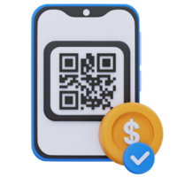 3d ilustração do uma Smartphone exibindo uma qr código para Móvel pagamento, com uma dólar moeda e azul marca de verificação ícone, simbolizando seguro e bem sucedido digital transação. png