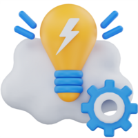 3D illustration of a lightbulb with a lightning bolt, cloud background, and gear symbolizing creative brainstorming, innovation, and idea generation in a tech context. png