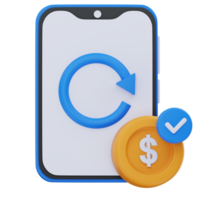 3D illustration of a smartphone with a circular arrow and dollar coin with a checkmark, symbolizing a completed digital payment transaction or successful fund transfer. png