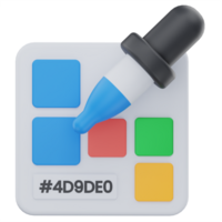 3D illustration of a color picker tool featuring a dropper, colorful swatches, and a hex code, representing UI design, digital art, and color selection in creative software. png