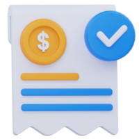 3D render of a bill or receipt icon with a dollar sign and a checkmark, in blue and yellow tones, representing a completed payment or successful transaction. png