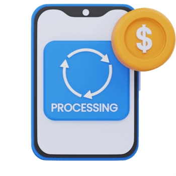 3D illustration of a smartphone displaying a blue screen with circular arrows and a dollar coin, representing an ongoing mobile payment or digital transaction in progress png