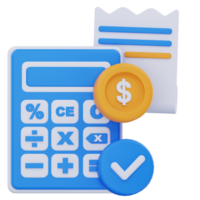 3D illustration of a calculator, receipt, dollar coin, and checkmark symbol, representing payment calculation, billing accuracy, and financial verification in a digital context. png