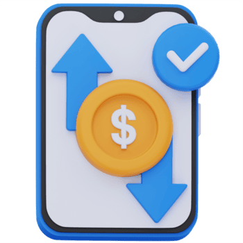 3D illustration of a smartphone with up and down arrows, a dollar coin, and a checkmark, representing mobile money transfers, deposits, and withdrawals in a secure digital transaction. png