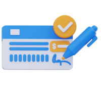 3D illustration of a blue and white bank cheque with a dollar symbol, signature, and pen, accompanied by a yellow checkmark icon, symbolizing payment approval or transaction completion. png