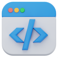 3D illustration of a browser window featuring blue HTML code brackets, symbolizing web development, coding, and software engineering in a clean and minimal digital interface. png