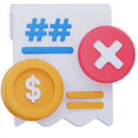 3D illustration of a receipt with a red error icon, dollar coin, and blue symbols, representing a failed payment, billing issue, or transaction error in a digital finance system. png