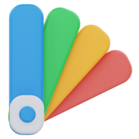 3D illustration of a fan-shaped color swatch palette with blue, green, yellow, and red tabs, representing design choices, branding, or UI theme customization. png
