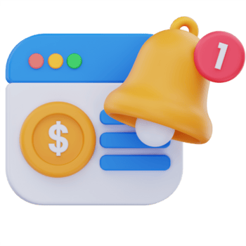 3d illustration av en webb gränssnitt med en dollar mynt och en stor underrättelse klocka som visar en röd varna bricka, representerar en ny betalning varna eller transaktion uppdatering. png