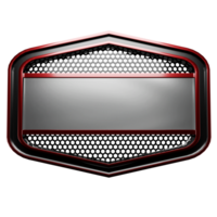 Industrial metallic emblem with a red frame and hexagonal grid, space for name png