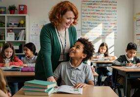 Teacher Helping Student in Classroom photo