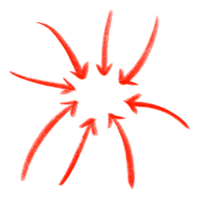 Hand drawn crayon red arrow icon. Center pointing illustration on transparent background. png