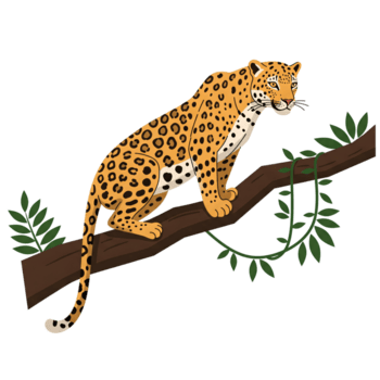 animato giaguaro riposo su un' ramo, visualizzazione suo distintivo macchiato cappotto contro un' giungla sfondo con verde viti. png