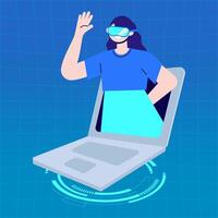 Virtual Reality Work Laptop Character Illustration Tech Worker Using VR Headset for Office Futuristic vector