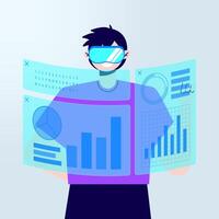 Virtual Reality Work Character Illustration Tech data Worker Using VR Headset for Office Futuristic vector