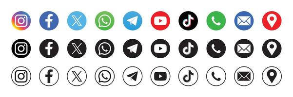 Latest updated social network icons and contact logo set 2025. Instagram, Facebook, WhatsApp, X, YouTube, Phone, Email, Location, map. vector