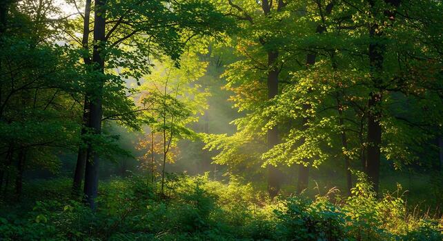Sunlight filtering through lush green forest canopy creating magical golden rays and illuminating tiny dust particles in the air creating a serene natural atmosphere photo