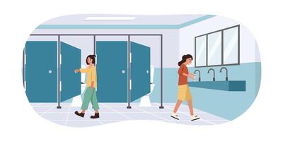 Public toilet. Girl toilet. Girl washing hand. College toilet. Toilet mirror. Dressed table. vector
