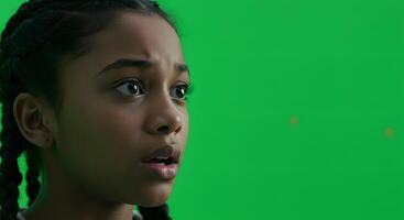 A young girl with braids looking up at the camera photo