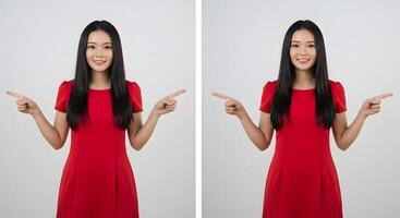 Two images of a woman in a red dress pointing at something photo