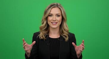 A woman in a black suit is making a gesture with her hands photo