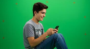 A young man sitting on a stool with his phone photo